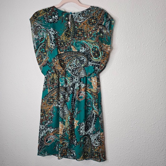 Paisley Print Green Dress Sheer Overlay Sleeveless Party Cocktail Autumn Harvest - Picture 8 of 12